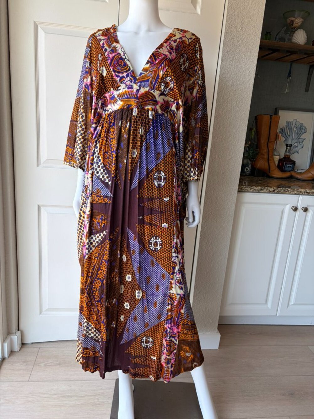 Vintage 70's Colorful Pattern Kaftan Maxi Dress - Picture 2 of 16